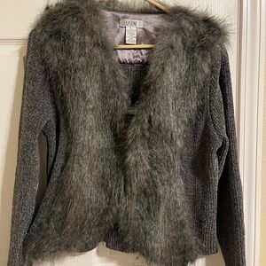 Beautiful Gray Faux Fur Trim Cardigan- like new